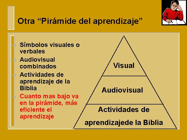 Otra “Pirámide del aprendizaje” n n Símbolos visuales o verbales Audiovisual combinados Actividades de