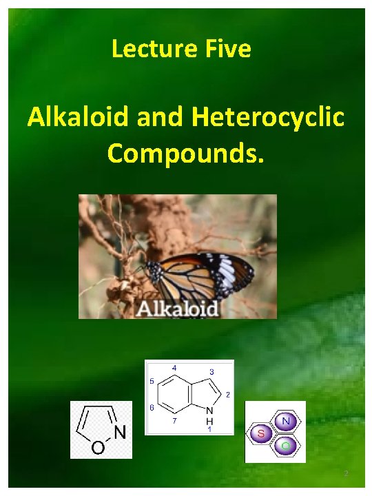 Lecture Five Alkaloid and Heterocyclic Compounds. 2 Lecture Five Alkaloid and Heterocyclic Compounds. 2