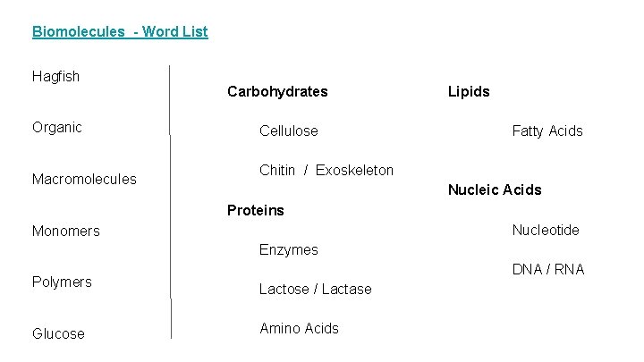 Biomolecules - Word List Hagfish Organic Macromolecules Carbohydrates Cellulose Lipids Fatty Acids Chitin /