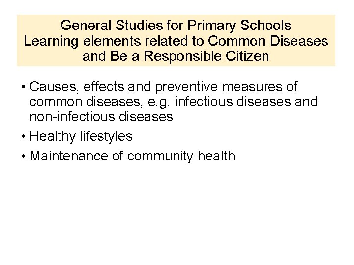 General Studies for Primary Schools Learning elements related to Common Diseases and Be a