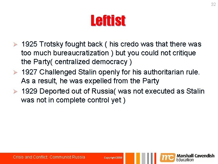 32 Leftist 1925 Trotsky fought back ( his credo was that there was too