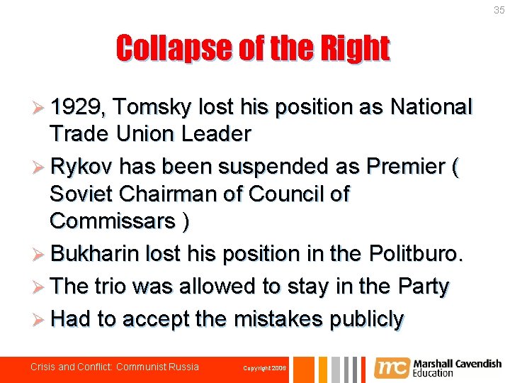 35 Collapse of the Right Ø 1929, Tomsky lost his position as National Trade