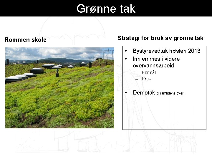 Grønne tak Rommen skole Strategi for bruk av grønne tak • • Bystyrevedtak høsten