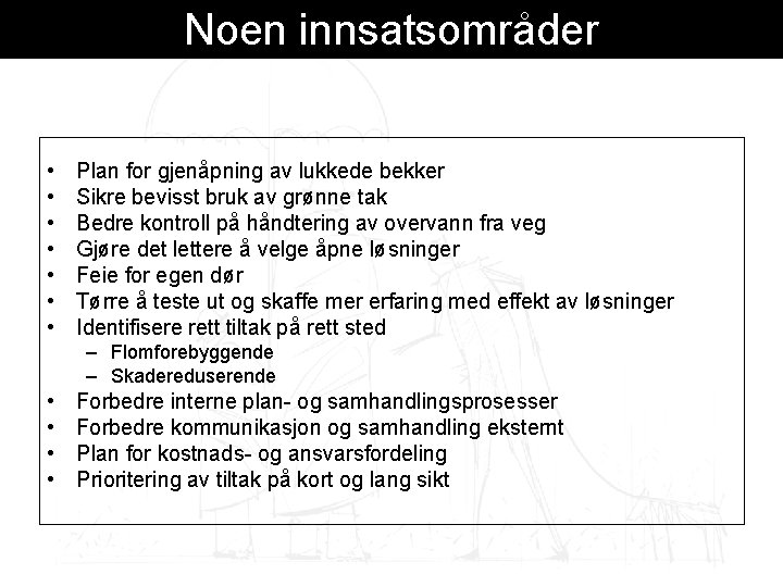 Noen innsatsområder • • Plan for gjenåpning av lukkede bekker Sikre bevisst bruk av