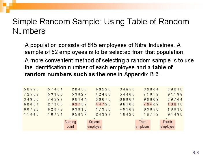 Simple Random Sample: Using Table of Random Numbers A population consists of 845 employees