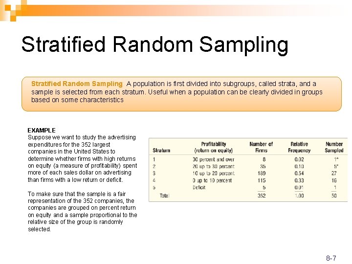 Stratified Random Sampling: A population is first divided into subgroups, called strata, and a