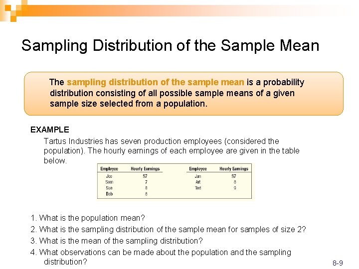 Sampling Distribution of the Sample Mean The sampling distribution of the sample mean is