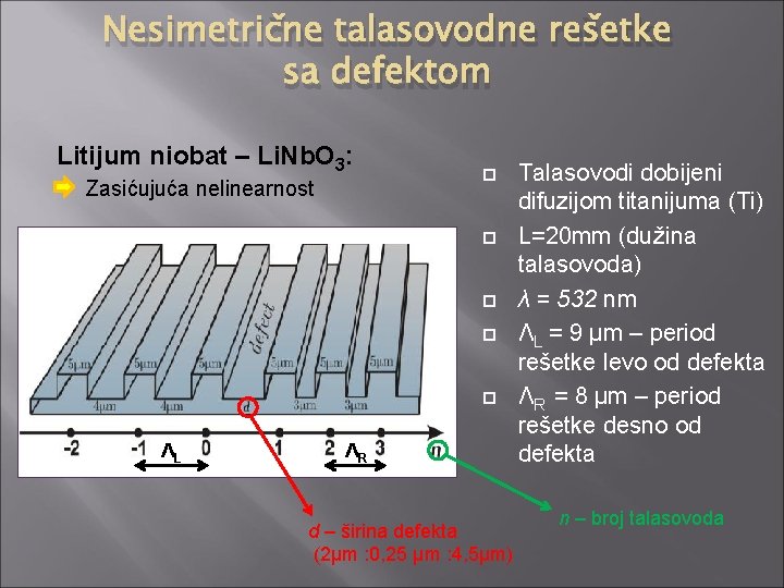 Nesimetrične talasovodne rešetke sa defektom Litijum niobat – Li. Nb. O 3: Zasićujuća nelinearnost