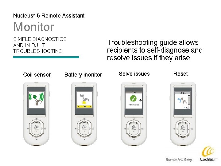 Nucleus® 5 Remote Assistant Monitor SIMPLE DIAGNOSTICS AND IN-BUILT TROUBLESHOOTING Coil sensor Battery monitor