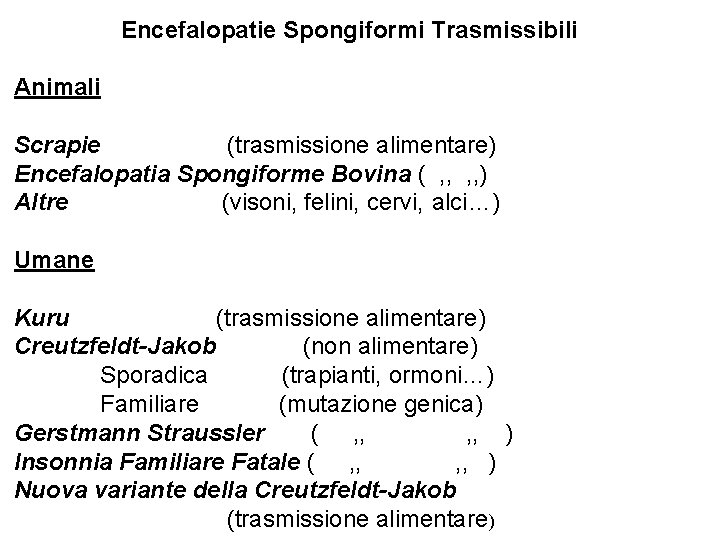 Encefalopatie Spongiformi Trasmissibili Animali Scrapie (trasmissione alimentare) Encefalopatia Spongiforme Bovina ( , , )