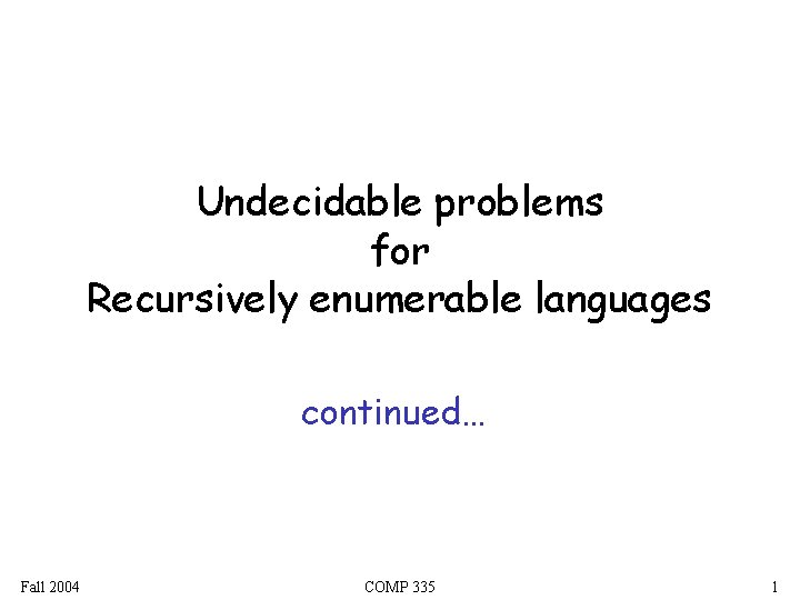 Undecidable problems for Recursively enumerable languages continued… Fall 2004 COMP 335 1 