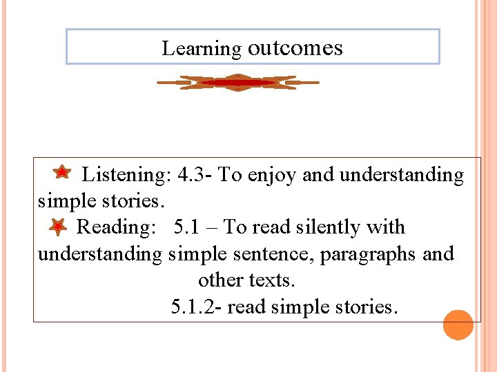 Learning outcomes Listening: 4. 3 - To enjoy and understanding simple stories. Reading: 5.