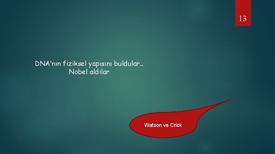 13 DNA’nın fiziksel yapısını buldular. . Nobel aldılar Watson ve Crick 