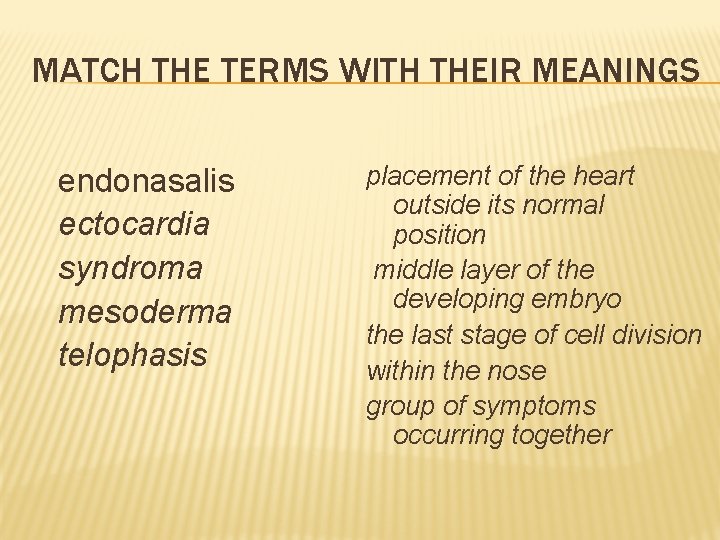 MATCH THE TERMS WITH THEIR MEANINGS endonasalis ectocardia syndroma mesoderma telophasis placement of the MATCH THE TERMS WITH THEIR MEANINGS endonasalis ectocardia syndroma mesoderma telophasis placement of the