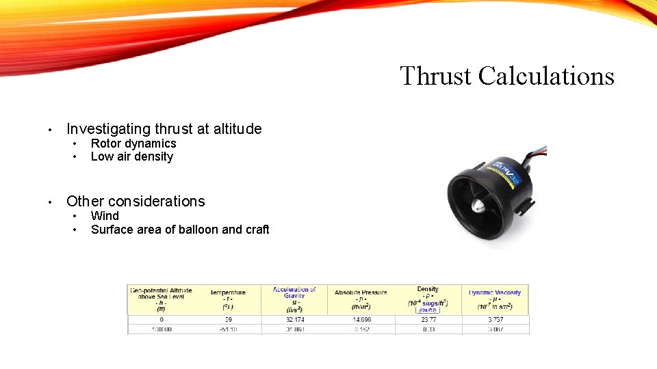 Thrust Calculations • Investigating thrust at altitude • • • Rotor dynamics Low air Thrust Calculations • Investigating thrust at altitude • • • Rotor dynamics Low air