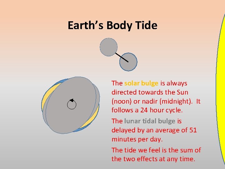 Earth’s Body Tide The solar bulge is always directed towards the Sun (noon) or