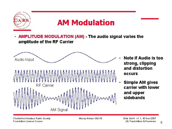 AM Modulation • AMPLITUDE MODULATION (AM) - The audio signal varies the amplitude of