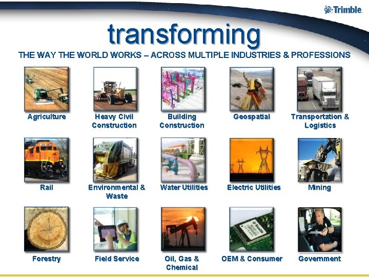 transforming THE WAY THE WORLD WORKS – ACROSS MULTIPLE INDUSTRIES & PROFESSIONS Agriculture Heavy