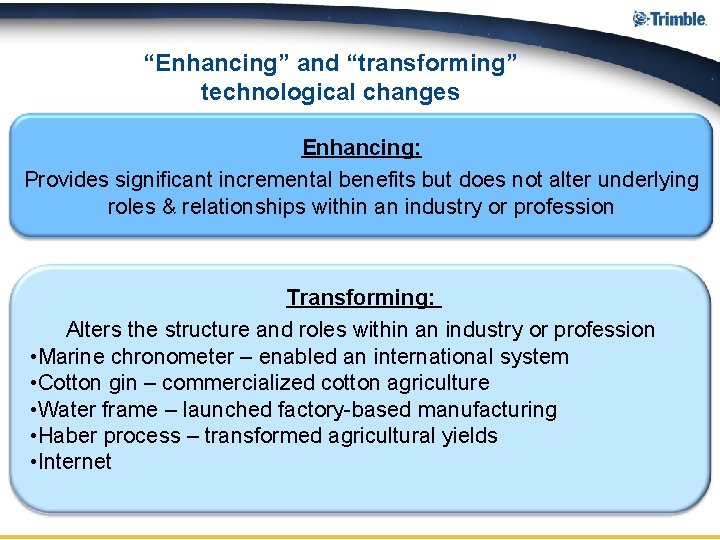“Enhancing” and “transforming” technological changes Enhancing: Provides significant incremental benefits but does not alter