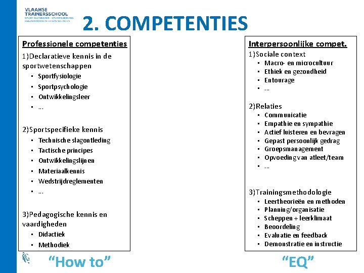 2. COMPETENTIES Professionele competenties 1) Declaratieve kennis in de sportwetenschappen • • Sportfysiologie Sportpsychologie