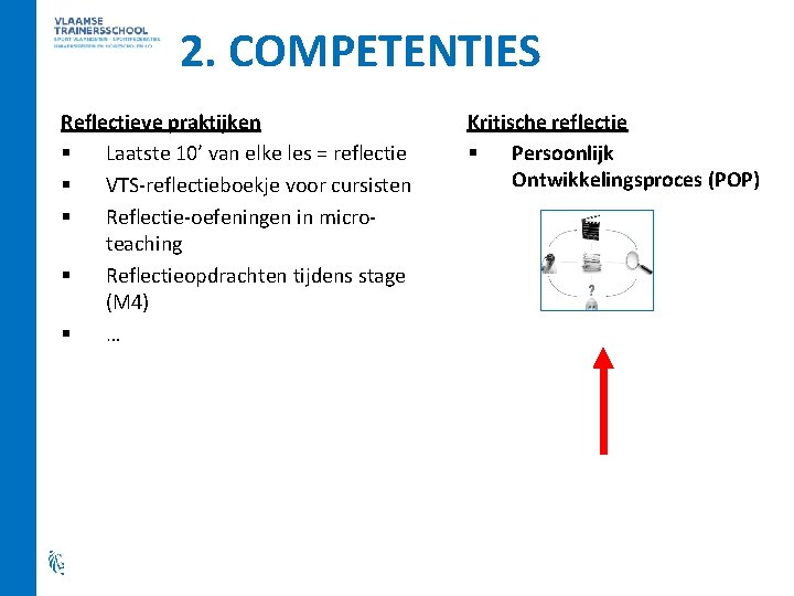 2. COMPETENTIES Reflectieve praktijken § Laatste 10’ van elke les = reflectie § VTS-reflectieboekje