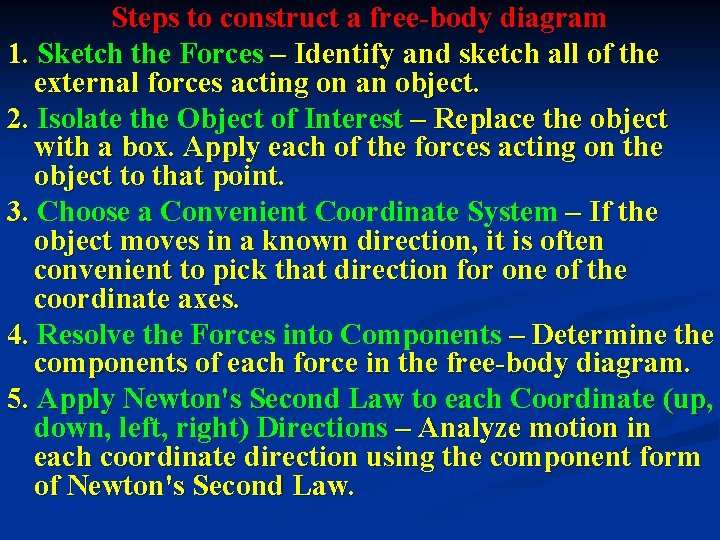Steps to construct a free-body diagram 1. Sketch the Forces – Identify and sketch Steps to construct a free-body diagram 1. Sketch the Forces – Identify and sketch