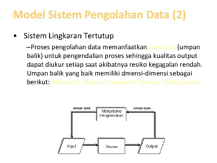 Model Sistem Pengolahan Data (2) • Sistem Lingkaran Tertutup –Proses pengolahan data memanfaatkan feedback