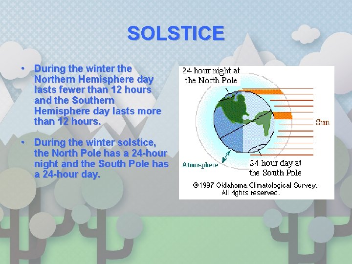 SOLSTICE • During the winter the Northern Hemisphere day lasts fewer than 12 hours