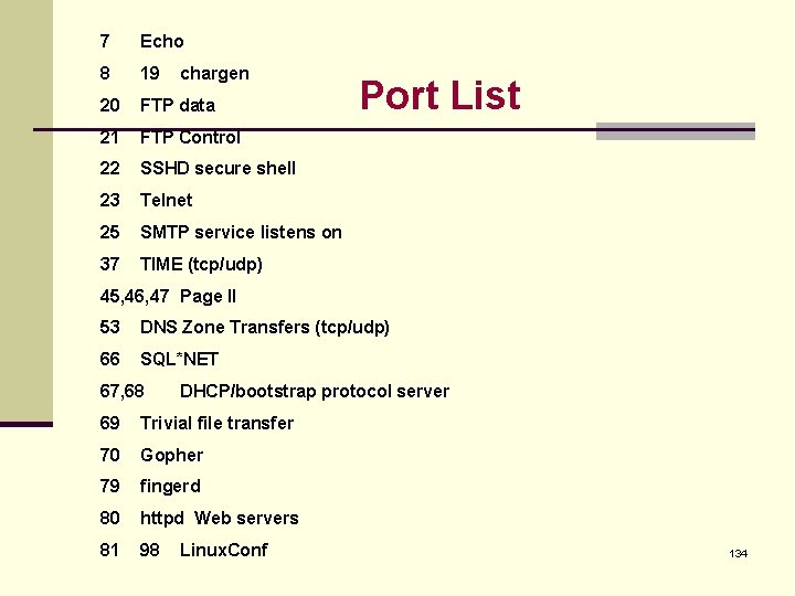 7 Echo 8 19 20 FTP data 21 FTP Control 22 SSHD secure shell 7 Echo 8 19 20 FTP data 21 FTP Control 22 SSHD secure shell