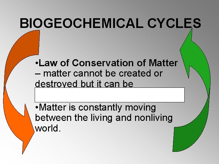 BIOGEOCHEMICAL CYCLES • Law of Conservation of Matter – matter cannot be created or