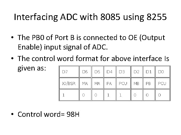 Interfacing ADC with 8085 using 8255 • The PB 0 of Port B is