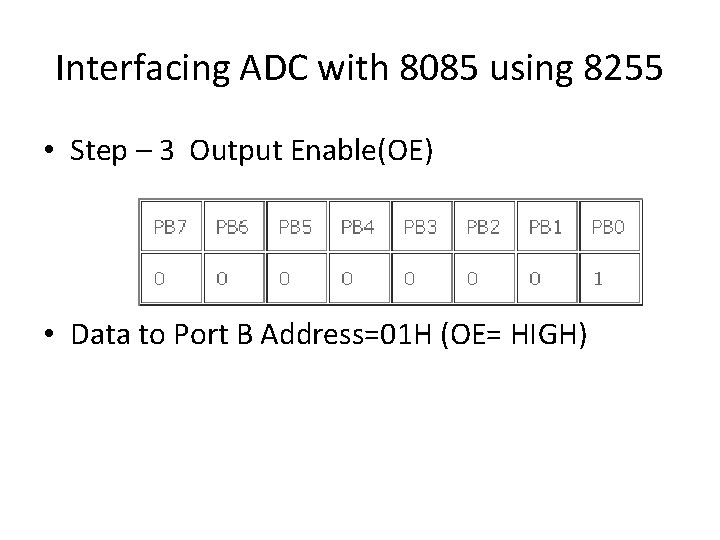 Interfacing ADC with 8085 using 8255 • Step – 3 Output Enable(OE) • Data