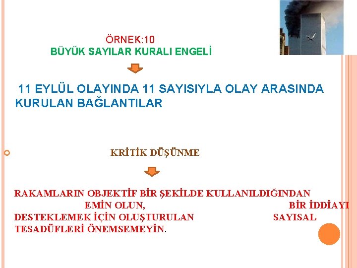 ÖRNEK: 10 BÜYÜK SAYILAR KURALI ENGELİ 11 EYLÜL OLAYINDA 11 SAYISIYLA OLAY ARASINDA KURULAN