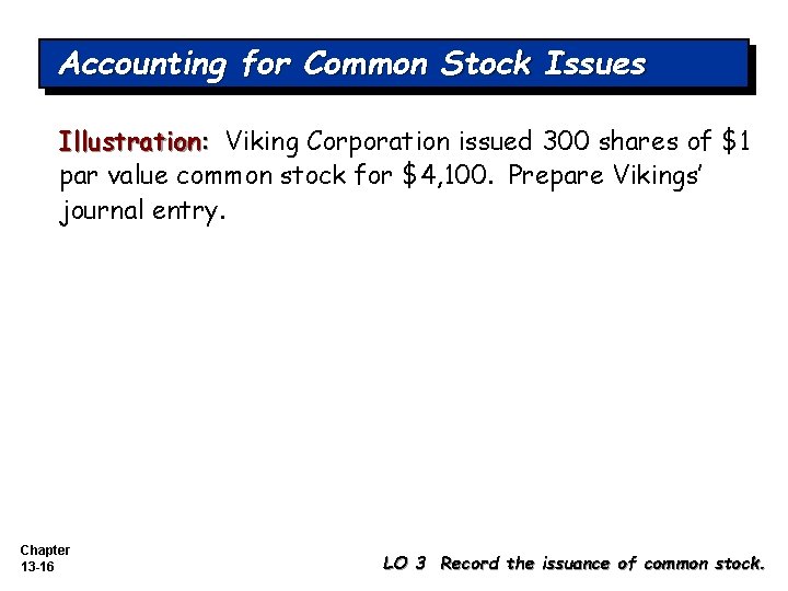 Accounting for Common Stock Issues Illustration: Viking Corporation issued 300 shares of $1 par Accounting for Common Stock Issues Illustration: Viking Corporation issued 300 shares of $1 par