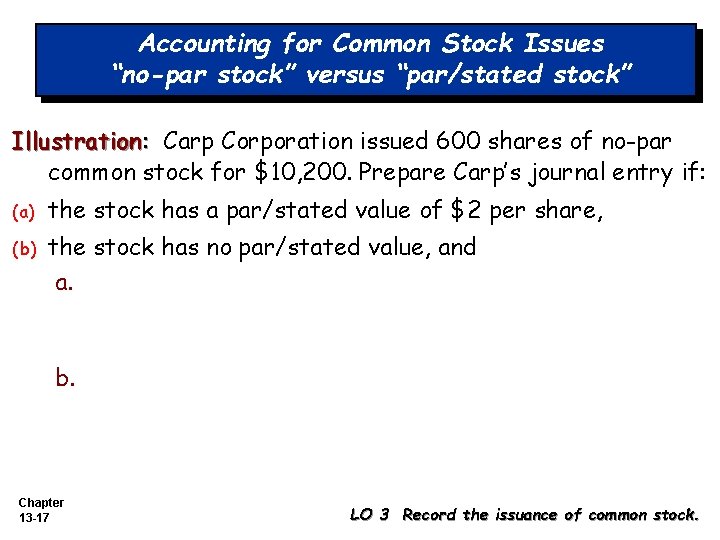 Accounting for Common Stock Issues “no-par stock” versus “par/stated stock” Illustration: Carp Corporation issued Accounting for Common Stock Issues “no-par stock” versus “par/stated stock” Illustration: Carp Corporation issued