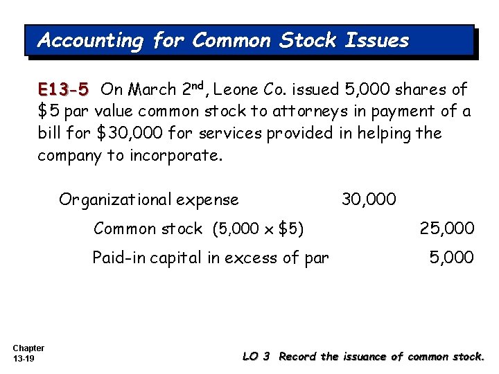 Accounting for Common Stock Issues E 13 -5 On March 2 nd, Leone Co. Accounting for Common Stock Issues E 13 -5 On March 2 nd, Leone Co.