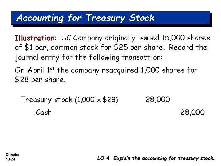 Accounting for Treasury Stock Illustration: UC Company originally issued 15, 000 shares of $1 Accounting for Treasury Stock Illustration: UC Company originally issued 15, 000 shares of $1