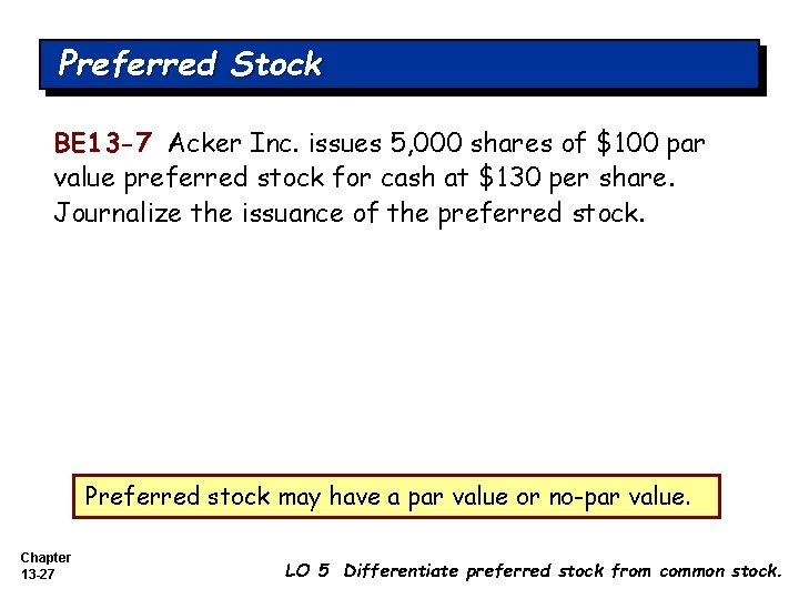 Preferred Stock BE 13 -7 Acker Inc. issues 5, 000 shares of $100 par Preferred Stock BE 13 -7 Acker Inc. issues 5, 000 shares of $100 par