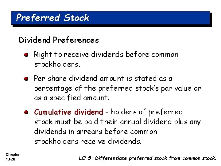 Preferred Stock Dividend Preferences Right to receive dividends before common stockholders. Per share dividend Preferred Stock Dividend Preferences Right to receive dividends before common stockholders. Per share dividend