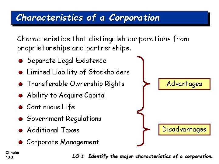 Characteristics of a Corporation Characteristics that distinguish corporations from proprietorships and partnerships. Separate Legal Characteristics of a Corporation Characteristics that distinguish corporations from proprietorships and partnerships. Separate Legal