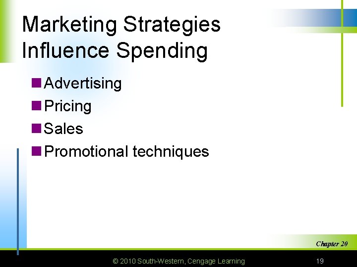 Marketing Strategies Influence Spending n Advertising n Pricing n Sales n Promotional techniques Chapter