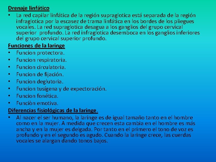 Drenaje linfático • La red capilar linfática de la región supraglotica está separada de Drenaje linfático • La red capilar linfática de la región supraglotica está separada de