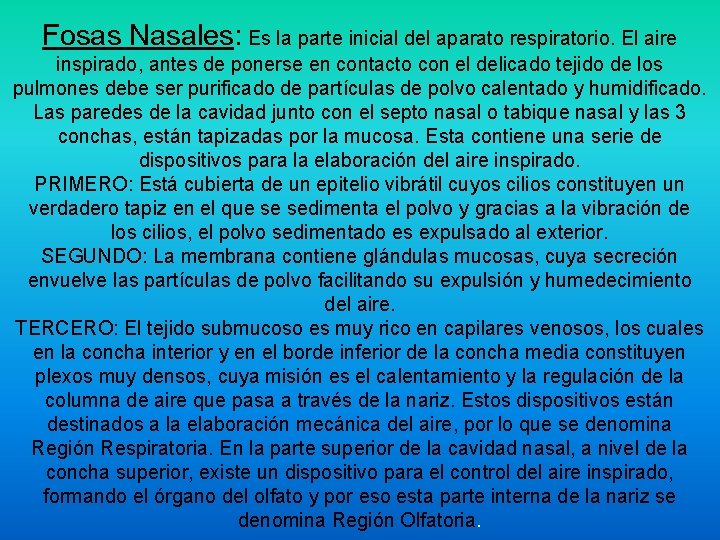 Fosas Nasales: Es la parte inicial del aparato respiratorio. El aire inspirado, antes de