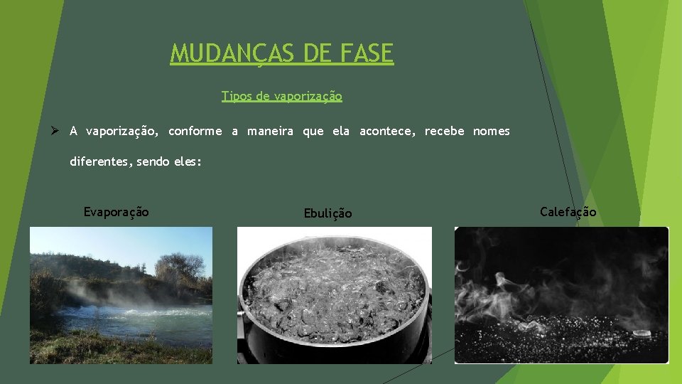 MUDANÇAS DE FASE Tipos de vaporização Ø A vaporização, conforme a maneira que ela