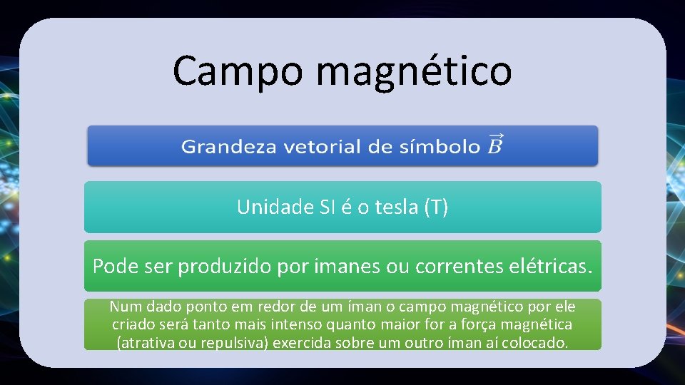 Campo magnético Unidade SI é o tesla (T) Pode ser produzido por imanes ou