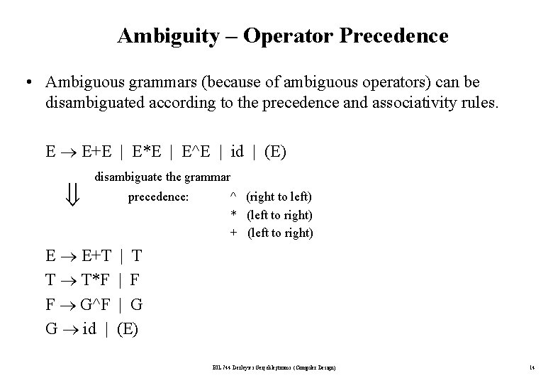 Ambiguity – Operator Precedence • Ambiguous grammars (because of ambiguous operators) can be disambiguated