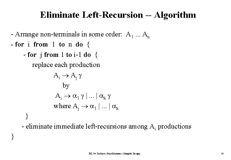 Eliminate Left-Recursion -- Algorithm - Arrange non-terminals in some order: A 1. . .