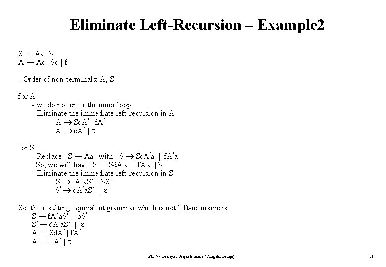 Eliminate Left-Recursion – Example 2 S Aa | b A Ac | Sd |