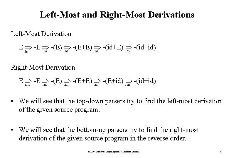 Left-Most and Right-Most Derivations Left-Most Derivation E -(E) lm -(E+E) lm -(id+E) -(id+id) lm