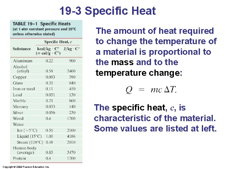 19 -3 Specific Heat The amount of heat required to change the temperature of